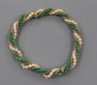 A 1960's 18ct gold, turquoise? and cultured pearl bead choker necklace which can be adapted to