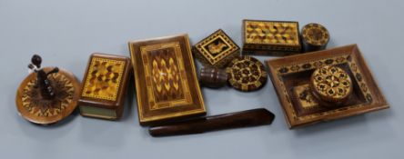 A group of small Tunbridge Ware items, including a ring tree, pin tray, card case, matchbox