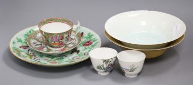 Two Chinese tea bowls , Cantonese cup and saucer, plate and 2 dishes