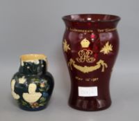 Herbert Goode, A 1937 ruby glass Coronation commemorative vase and a Torquay ware commemorative