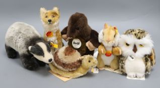 Five Steiff yellow tag toys: Fuchs (fox), Suggy Snail, Dachs (badger), Goldie Hamster and Diggy