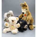 Four Steiff yellow tag toys: Tasmanian Devil, a koala baby, Kanga Kangaroo and Paddy