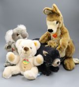 Four Steiff yellow tag toys: Tasmanian Devil, a koala baby, Kanga Kangaroo and Paddy