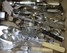 A Victorian silver-plated asparagus tongs and assorted plated flatware