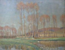 French Impressionist late 19th century landscape with poplars and figures on a bridge, oil on