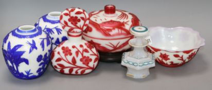 A group of Chinese overlaid glass jars, perfume bottle and a bowl Tallest 16cm
