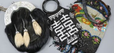 A plated sporan and two beadwork evening bags