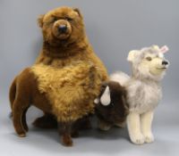 Three Steiff toys: Buffalo, Wolf and Kodiak Bear, Last Frontier, white tag, with bag