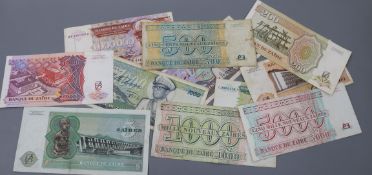 A quantity of Zaire inflation banknotes including a 1 million note