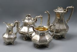 A Victorian silver octagonal four piece tea and coffee service by Riley & Storer, London, 1849,