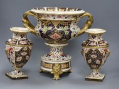 A pair of Bloor Derby vases and a similar pedestal bowl 31cm high