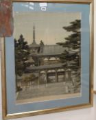 A Japanese painting of a temple circa 1920's 59cm high x 48cm wide