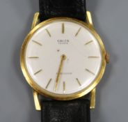 A gentleman's 18ct gold Gruen Precision manual wind wrist watch, on associated strap.
