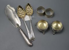 A pair of George III silver Old English pattern 'berry' spoons, a pair of Georgian silver salts, a