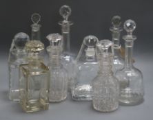 A Georgian etched decanter with stopper, a pair, three matching and three others Tallest 30cm high