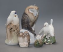 A Royal Copenhagen Barn owl and four other groups/models of birds Owl 22cm high