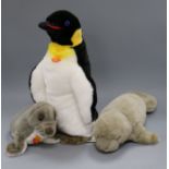 Three Steiff yellow tag toys: Manatee, Charly 40 Penguin and Cosy Robby Seal