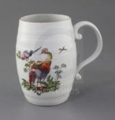 A Derby barrel-shaped cider mug, c.1760-5, painted with three exotic birds, one in flight, the