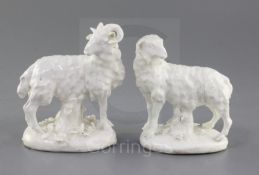 A rare pair of Derby 'dry-edge' figures of a ram and ewe, c.1752, Andrew Planché period, each