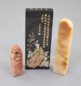 Two Chinese soapstone seals and an ink block, early 20th century the 'chicken blood' soapstone