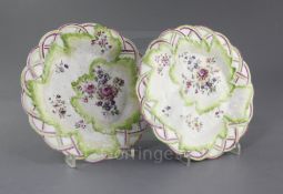 A pair of Derby leaf and basket weave moulded plates, c.1758, each picked out in green and puce