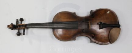 A German violin, follower of Johann Gottfried Hamm, late 19th century the two piece back with medium