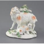A Derby group of sheep, c.1760-5, the ram standing before bocage with a lamb recumbent at his