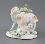 A Derby group of sheep, c.1760-5, the ram standing before bocage with a lamb recumbent at his