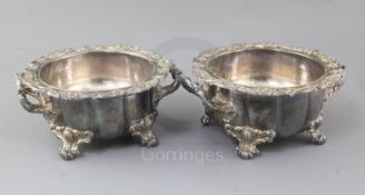 A pair of 19th century Sheffield plate two handled soufflé dishes with liners, of shaped circular