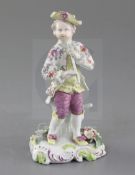 A Derby 'Pale Family' figure of a piper, c.1758, wearing a flower painted jacket and holding a pipe,