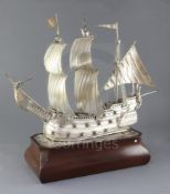 A George V silver model of an Elizabethan galleon, William Comyns & Sons, London 1913, in full sail,