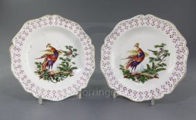 A pair of Derby cinquefoil shaped plates, c.1758, each painted with 'dishevelled birds',