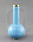 A Chinese turquoise glass bottle vase, 18th century, the cylindrical neck and foot with later silver