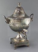 A George III silver two handled tea urn and cover by Andrew Fogelberg & Stephen Gilbert, engraved