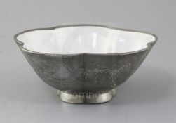 A Chinese Yixing pottery pewter mounted bowl, Daoguang period (1821-50), of pentafoil shape, the