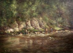 § William Ellis Barrington Browne (1908-1985)oil on canvasOtter hounds on the River Wyesigned18 x