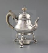 A 1980's Queen Anne style silver spirit kettle, on tripod stand with burner, by Rodney C. Pettit, of
