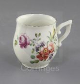 A Derby coffee cup, c.1760, of baluster shape with a wishbone handle, painted in 'Cotton-stem