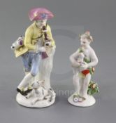Two Bow figures of a shepherd and a cherub, c.1760, the shepherd playing a pipe with a satchel slung
