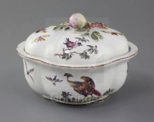 A Derby quatre-lobed sauce tureen and cover, c.1760-5, painted with 'dishevelled' birds and insects,