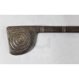 A Maori carved hardwood tewhatewha club, New Zealand, with notched spiral decoration to blade and