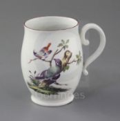 A Derby ovoid mug, c.1760-5, painted with two exotic birds perched on branches, the reverse with a