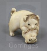 A Japanese ivory netsuke of two puppies, 19th century, the chubby pups play fighting, unsigned, l.