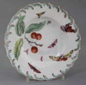A Derby botanical plate, c.1758-60, feather scroll moulded edge, painted with a cherry sprig and