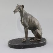 A 19th century French bronze seated greyhound letter holder with articulated jaw, on oval slate