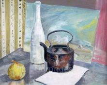 § Duncan Grant (1885-1978)oil on canvas boardStill life of a kettle, bottle, fruit and a