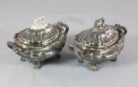 A pair of 19th century Sheffield plate two handled soup tureens and liners, engraved with the