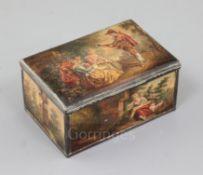 A late 19th century Swiss musical box, with printed card panels of 18th century figures in