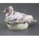 A Derby 'Jacobin pigeon' tureen and cover, c.1760, seated on a naturalistic nest, the edge encrusted