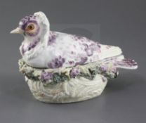 A Derby 'Jacobin pigeon' tureen and cover, c.1760, seated on a naturalistic nest, the edge encrusted